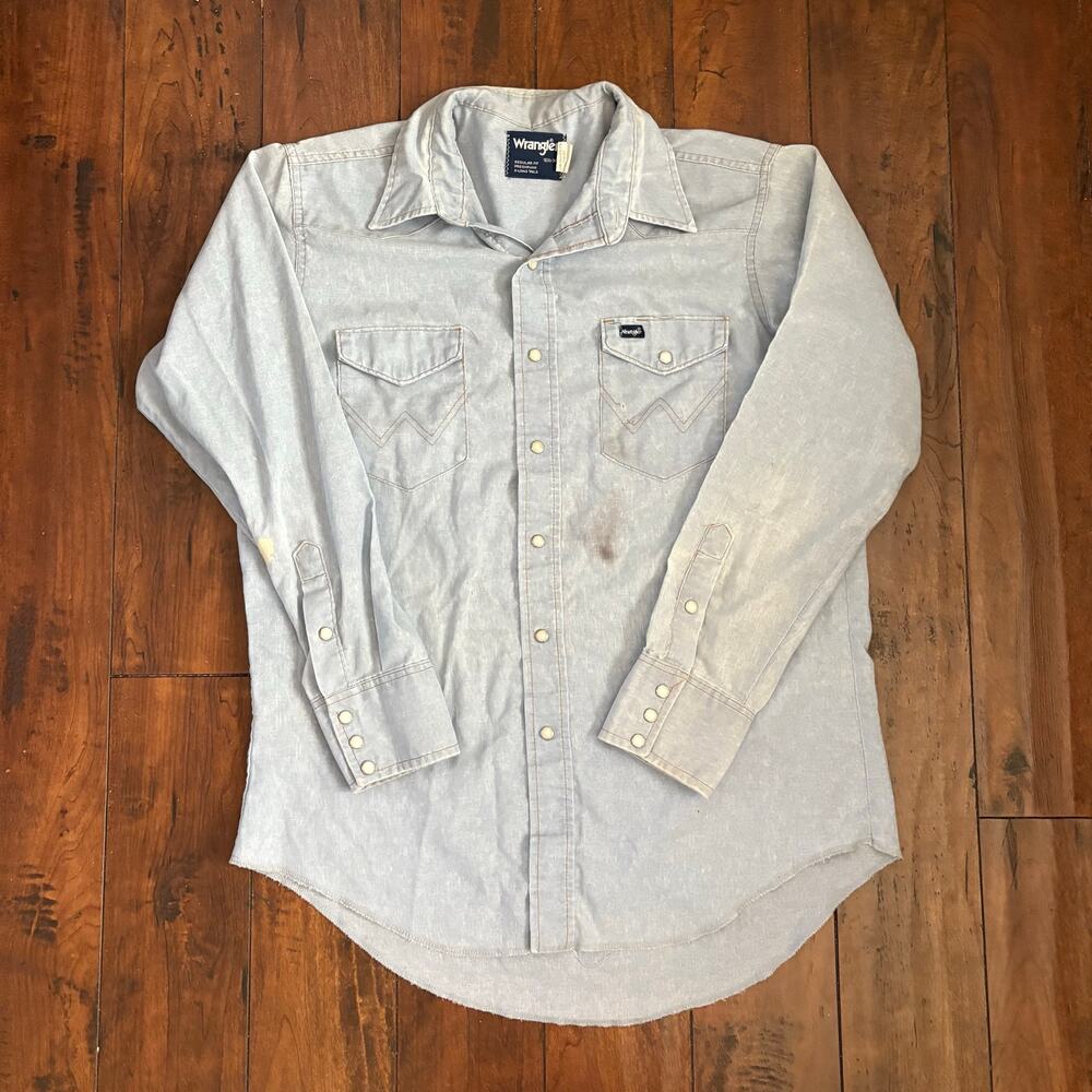 Vintage Wrangler Button Up Shirt Mens L 16.5x34 Blue Western Cowboy 90s